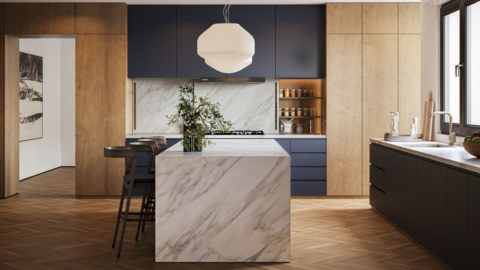 Warm residential kitchen featuring a marble island and bespoke cabinetry